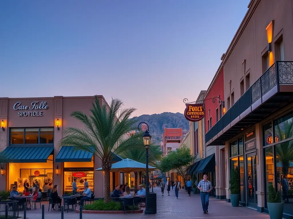 A photograph of downtown Scottsdale, Arizona, featuring upscale shops and restaurants, reflecting the city's luxurious atmosphere and Spargo Law's commitment to serving its residents.